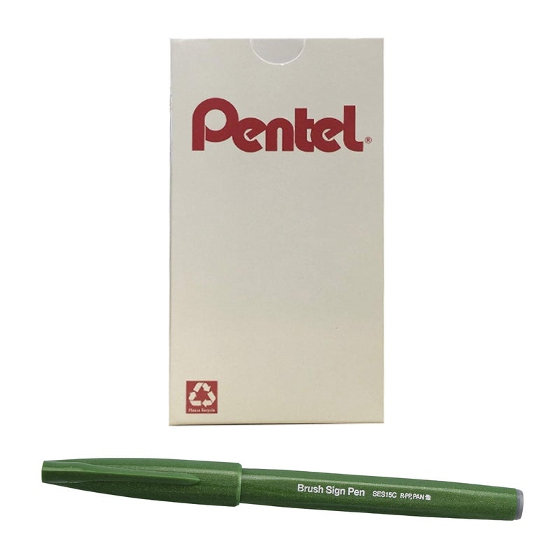 Pentel Arts Sign Pen Brush, Olive Green Ink, Box of 12 Pens - Image 1